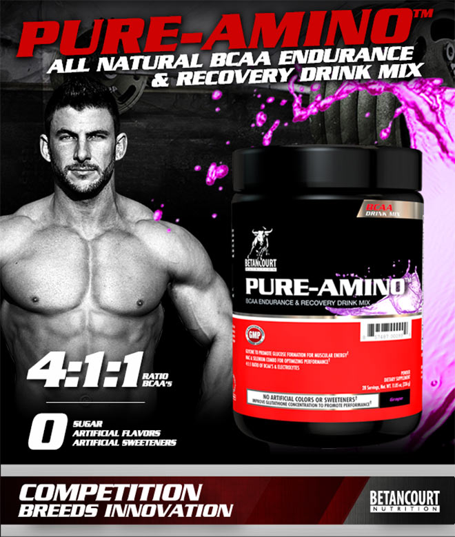 Pure-Amino. All Natural BCAA Endurance and Recovery Drink Mix. 4:1:1 Ratio BCAAs. O Sugar. O Artifical Flavors. O Artifical Sweeteners. Betancourt Nutrition. Competition Breeds Innovation.