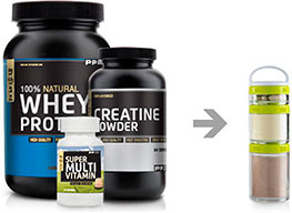 Whey Protein. Creatine Powder. Multivitamin and Go-Stak.