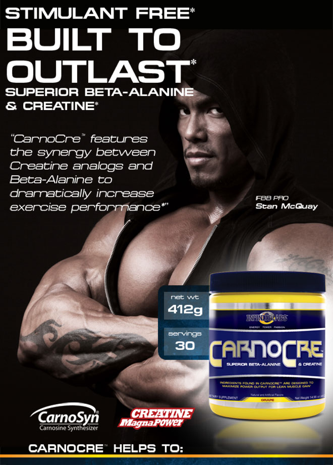 Stimulant Free* Built To Outlast* Superior Beta-Alanine And Creatine* CarnoCre Features the synergy between creatine analogs and Beta-Alanine to dramatically increase exercise performance