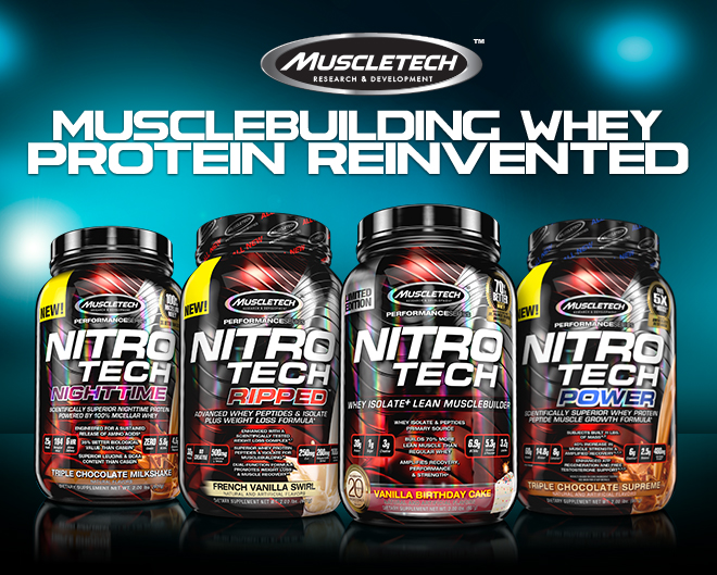 MuscleTech Nitro Tech. Musclebuilding Whey Protein Reinvented.
