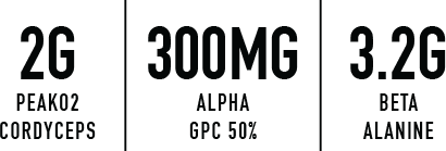2g peako2 cordcrps, 300mg alpha gpc 50%, 3.2g beta alanine