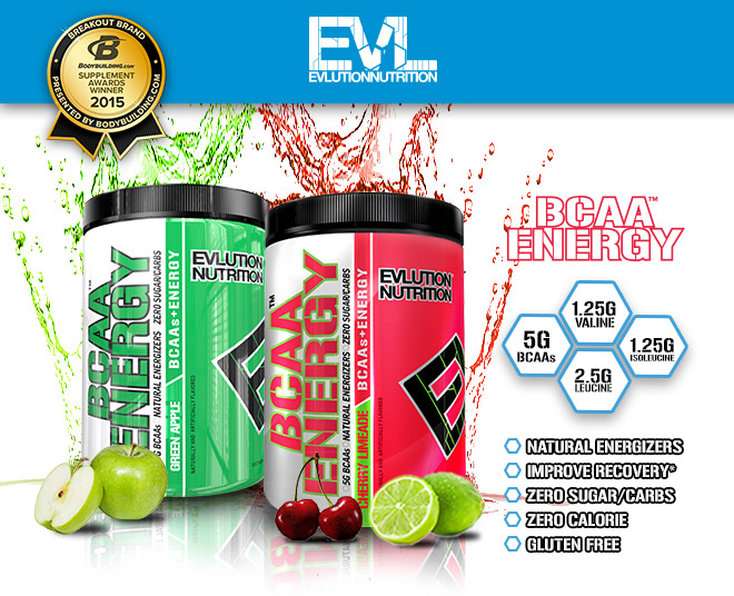 EVLution Nutrition. BCAA Energy. 1.25g Valine. 5g BCAAs. 1.25g Isoleucine. 2.5g Leucine. Natural Energizers. Improve Recovery*. Zero Sugar/Carbs. Zero Calorie. Gluten Free.