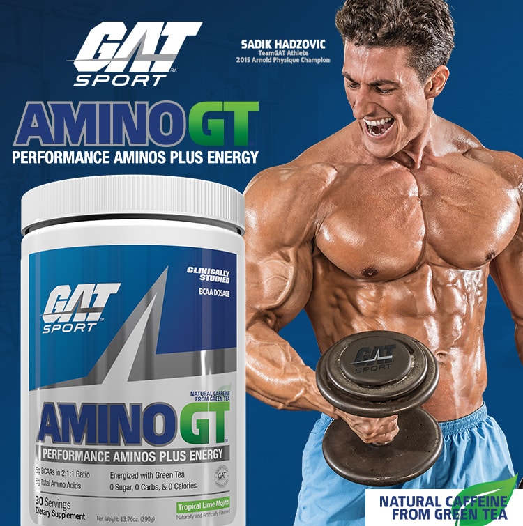 GAT Sport. AminoGT. Performance Aminos Plus Energy. Sadik Hadzovic. TeamGAT Athlete. 2015 Arnold Champion. Natural Caffeine from Green Tea.