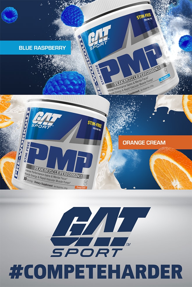 GAT Sport PMP Stim-Free. Available in Blue Raspberry and Orange Cream.