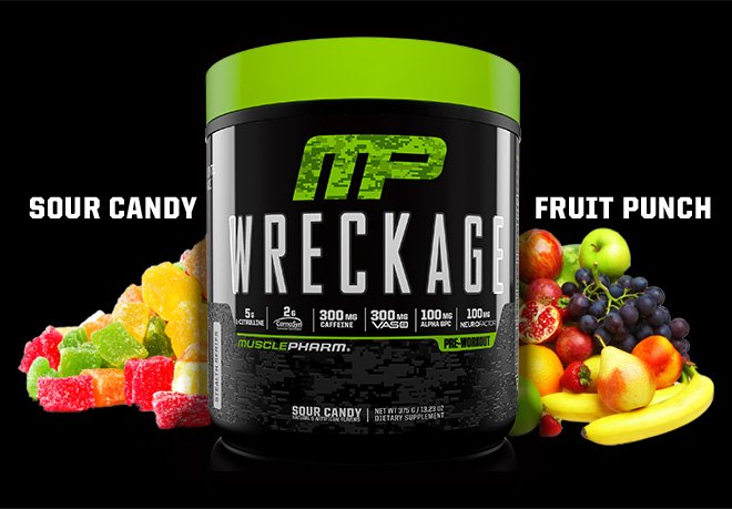 Muscle Pharm bottle with thext saying sour candy and fruit punch with fruits around the bottle.