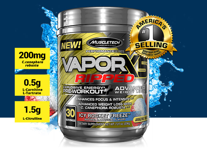 MuscleTech Vapor X5 Ripped. 200mg C.canephora robusta. 0.5g L-Carnitine L-Tartrate. 1.5g L-Citrulline.