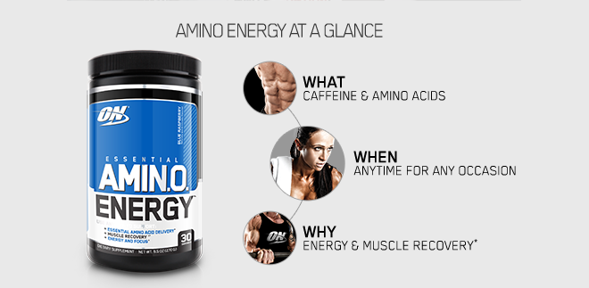 Amino Energy at a glance. What: Caffeine and Amino Acids. When: Anytime, for any occasion. Why: High Quality Food Supplement.