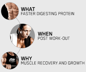 What: Faster digesting protein. When: Post Work-Out. Why: Muscle Recovery and Growth.