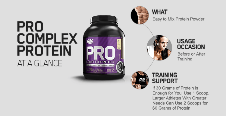 Pro Complex Protein at a glance. What - Easy to mix protein powder. Usage Occasion - Before or after training. Training Support - If 30 grams of protein is enough for you, Use 1 scoop. Larger athletes with greater needs can use 2 scoops for 60 grams of protein.