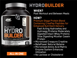 All-In-One HYDROBUILDER: When? Post Workout and Between Meals. How? Premium Stage Protein Blend Containing CreaPep Peptides for Enhanced Nutritient Delivery. Fast Acting Hydrowhey and Hydroegg Proteins Moderately Digested Intact Whey Proteins Slow Digesting Micellar Casein Protein. Micronized Creapure Creatine, BetaPower Natural Betaine, Micronized Amino Acid Matrix Enzyme System Enhances Utilization, No Lactose or Cholesterol