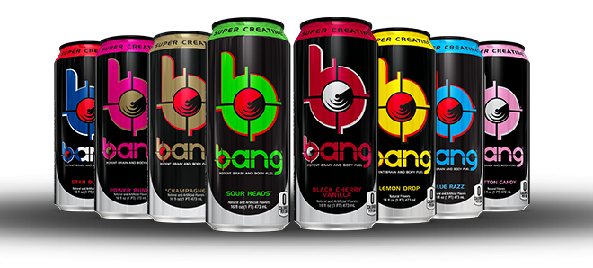 eight bang cans lined up together