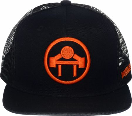 Image of Muscle Beach Circle Logo Snapback Mesh Hat Black Adjustable - Hats Muscle Beach Nutrition