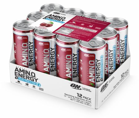 Image of AmiN.O. Energy + Electrolytes Sparkling Hydration Drink Juicy Cherry 12 - 12 Fl. Oz. Cans - Amino Acids & BCAAs Optimum Nutrition