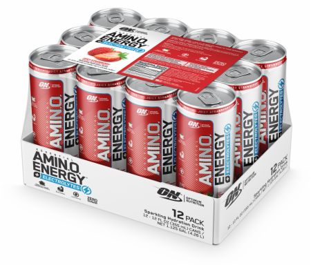 Image of AmiN.O. Energy + Electrolytes Sparkling Hydration Drink Juicy Strawberry 12 - 12 Fl. Oz. Cans - Amino Acids & BCAAs Optimum Nutrition